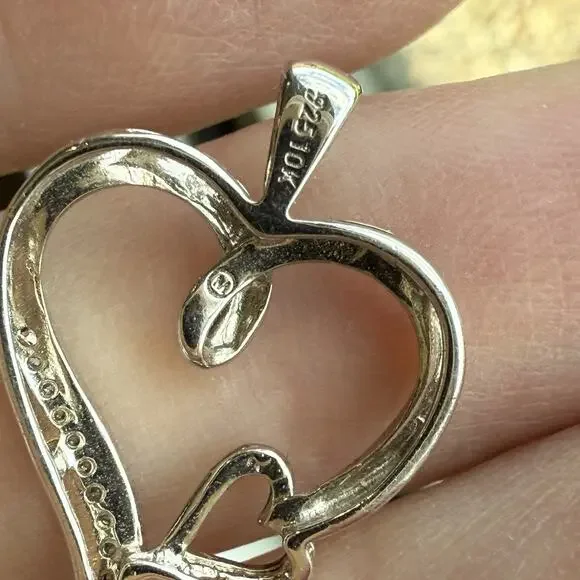 925 Sterling Silver / 10K Gold Real Diamond Double Heart Charm Pendant - Picture 3 of 12